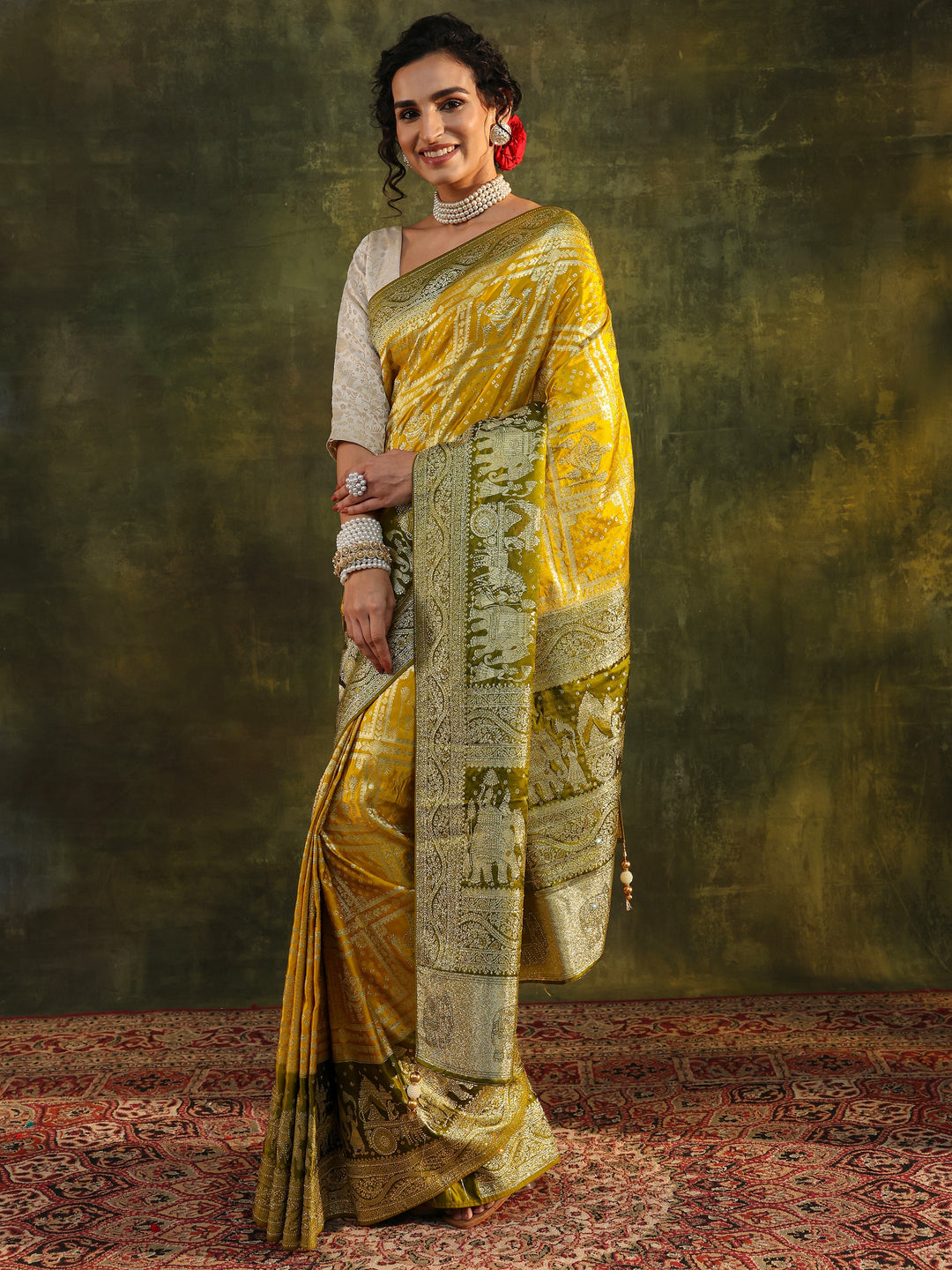 Libas Art Mustard Ethnic Woven Design Satin Saree With Unstitched Blouse Piece