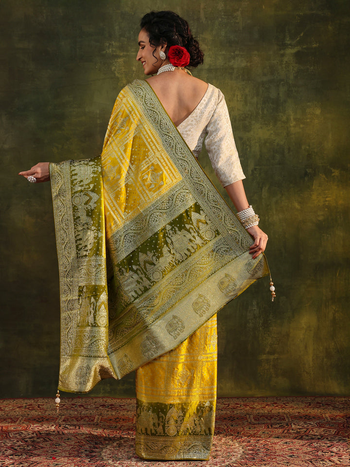 Libas Art Mustard Ethnic Woven Design Satin Saree With Unstitched Blouse Piece