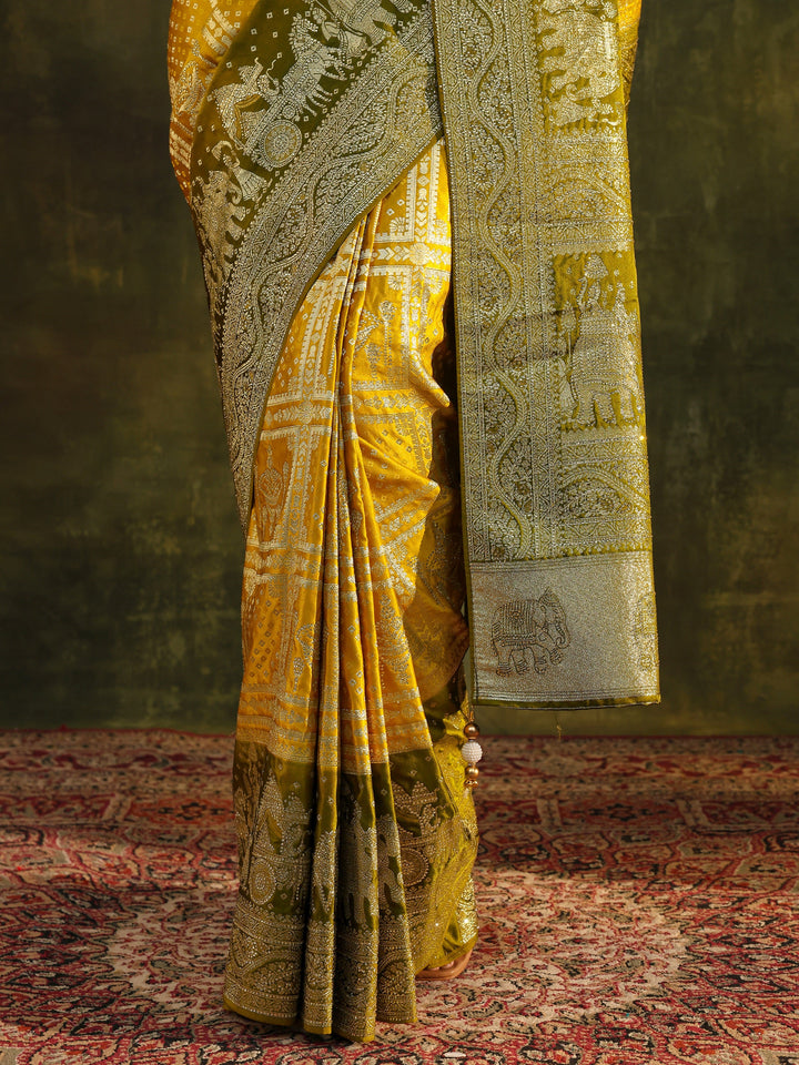 Libas Art Mustard Ethnic Woven Design Satin Saree With Unstitched Blouse Piece