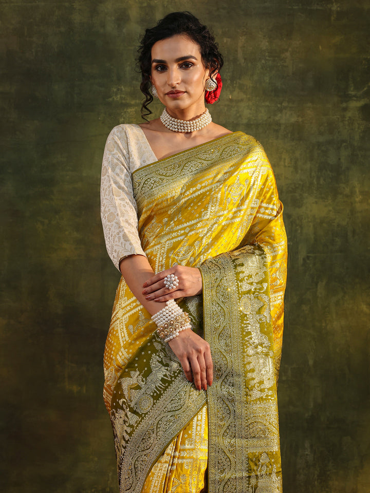 Libas Art Mustard Ethnic Woven Design Satin Saree With Unstitched Blouse Piece
