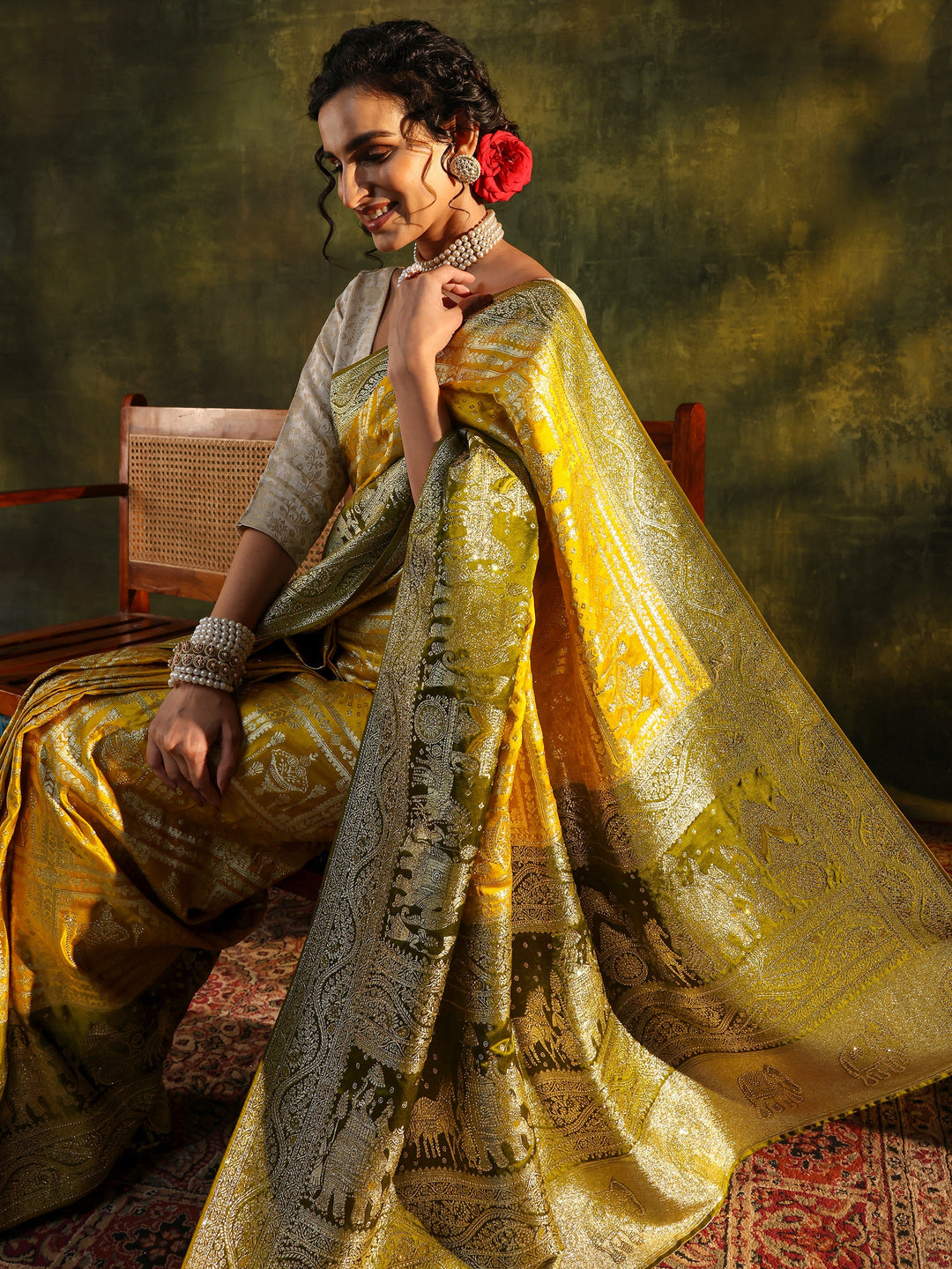 Libas Art Mustard Ethnic Woven Design Satin Saree With Unstitched Blouse Piece