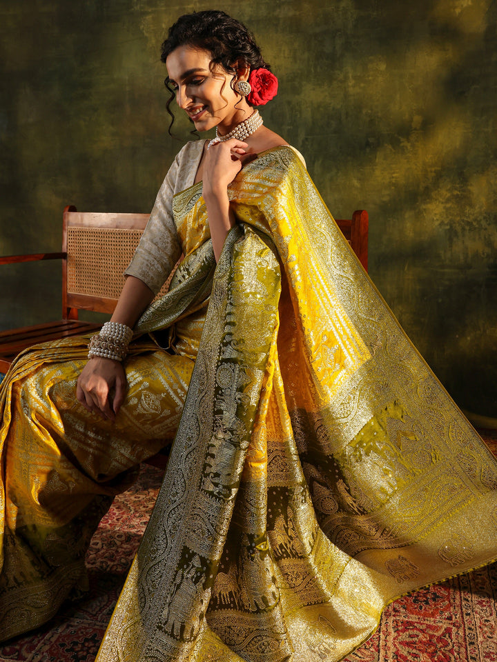 Libas Art Mustard Ethnic Woven Design Satin Saree With Unstitched Blouse Piece