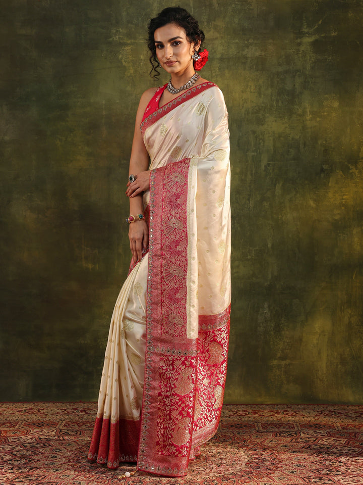 Libas Ivory Woven Design Satin Banarasi Saree With Unstitched Blouse Piece