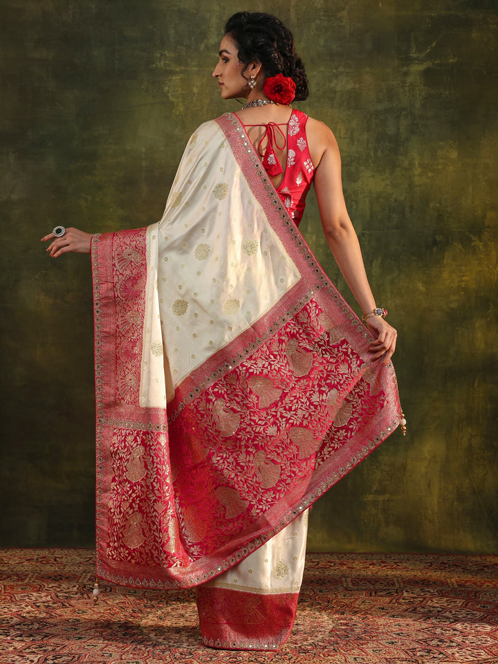 Libas Ivory Woven Design Satin Banarasi Saree With Unstitched Blouse Piece