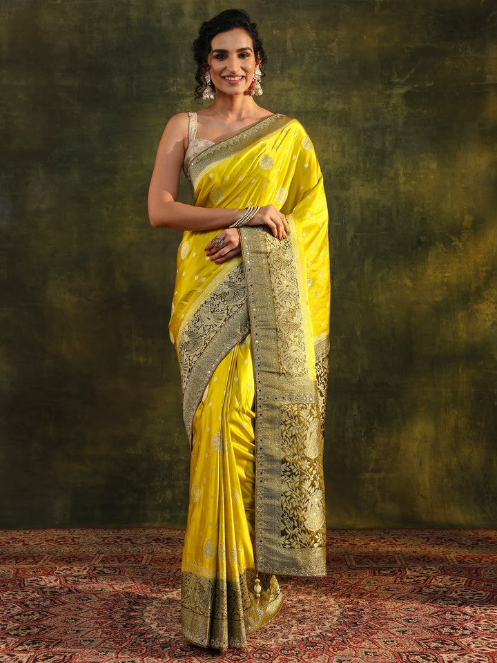 Libas Mustard Woven Design Satin Banarasi Saree With Unstitched Blouse Piece