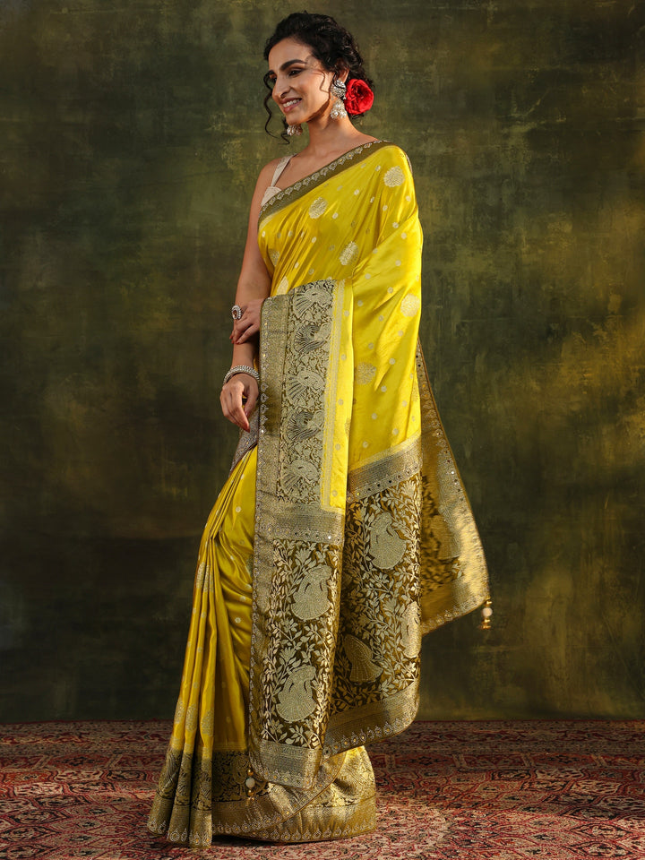 Libas Mustard Woven Design Satin Banarasi Saree With Unstitched Blouse Piece