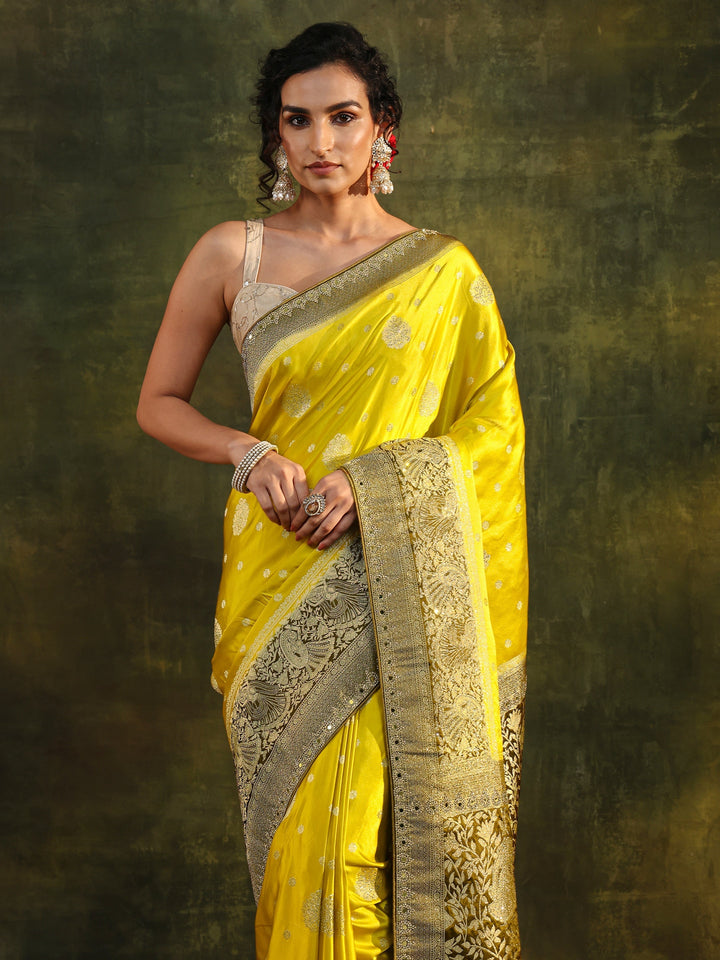 Libas Mustard Woven Design Satin Banarasi Saree With Unstitched Blouse Piece