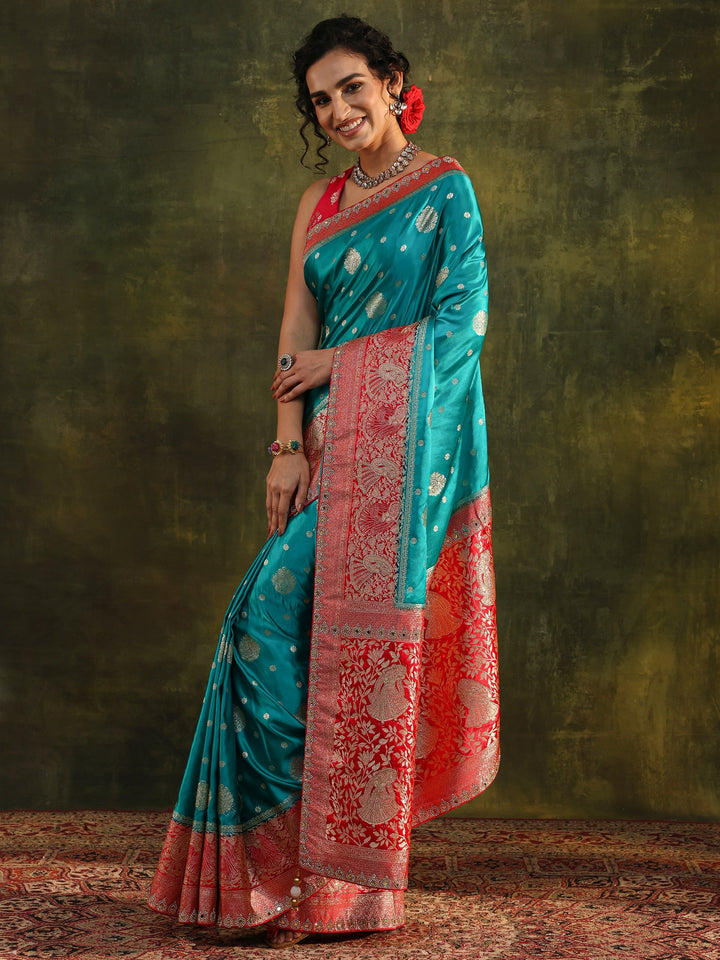 Libas Blue Woven Design Satin Banarasi Saree With Unstitched Blouse Piece