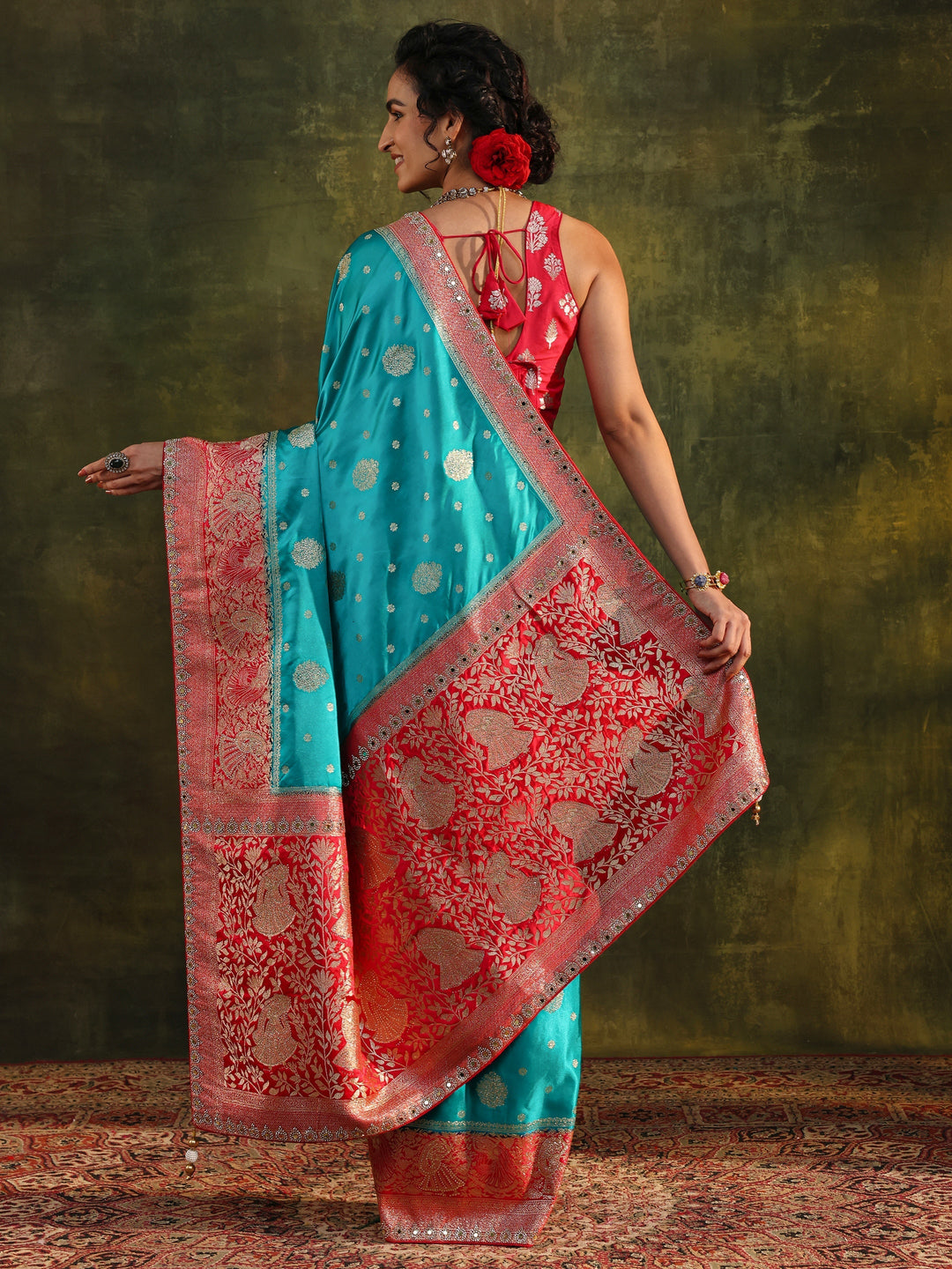 Libas Blue Woven Design Satin Banarasi Saree With Unstitched Blouse Piece