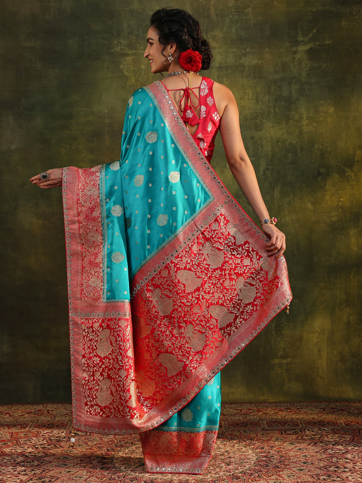 Libas Blue Woven Design Satin Banarasi Saree With Unstitched Blouse Piece