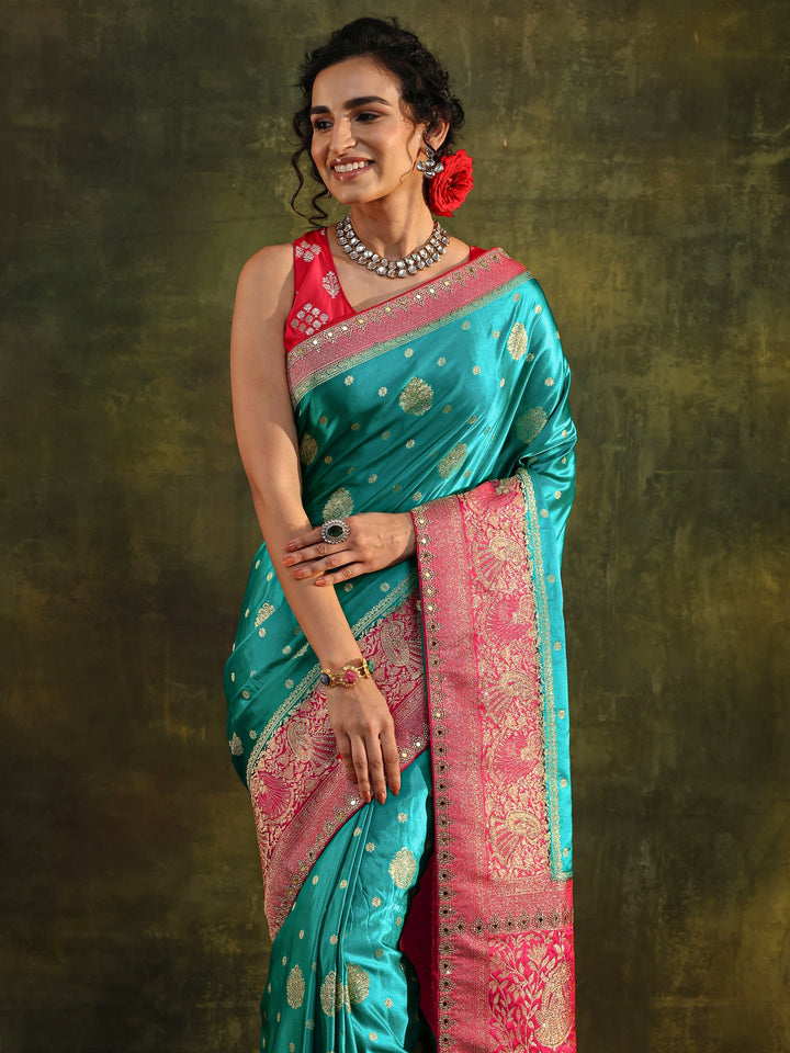 Libas Blue Woven Design Satin Banarasi Saree With Unstitched Blouse Piece