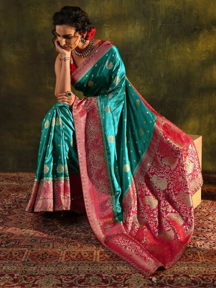 Libas Blue Woven Design Satin Banarasi Saree With Unstitched Blouse Piece