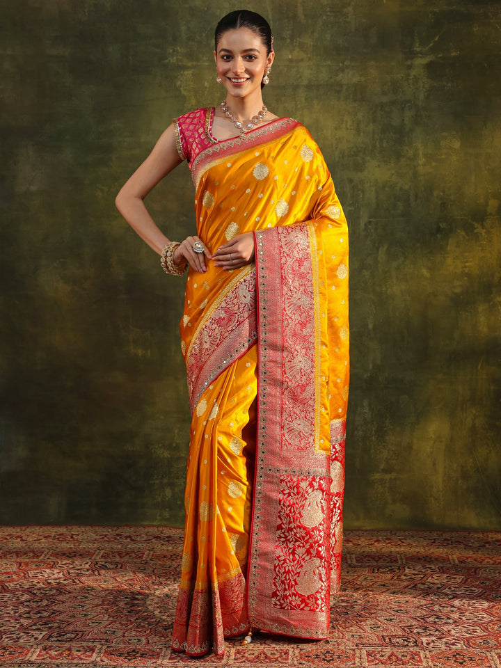 Libas Mustard Woven Design Satin Banarasi Saree With Unstitched Blouse Piece