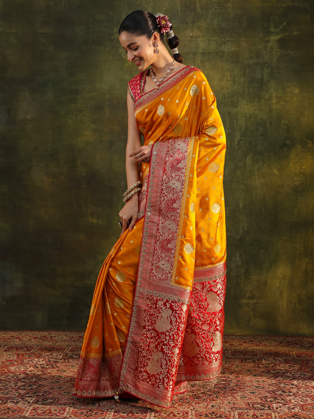 Libas Mustard Woven Design Satin Banarasi Saree With Unstitched Blouse Piece