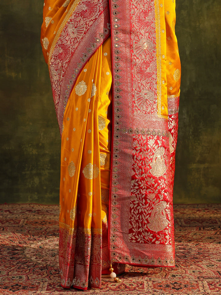 Libas Mustard Woven Design Satin Banarasi Saree With Unstitched Blouse Piece
