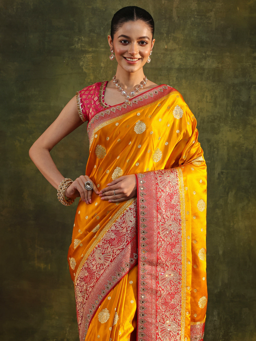 Libas Mustard Woven Design Satin Banarasi Saree With Unstitched Blouse Piece
