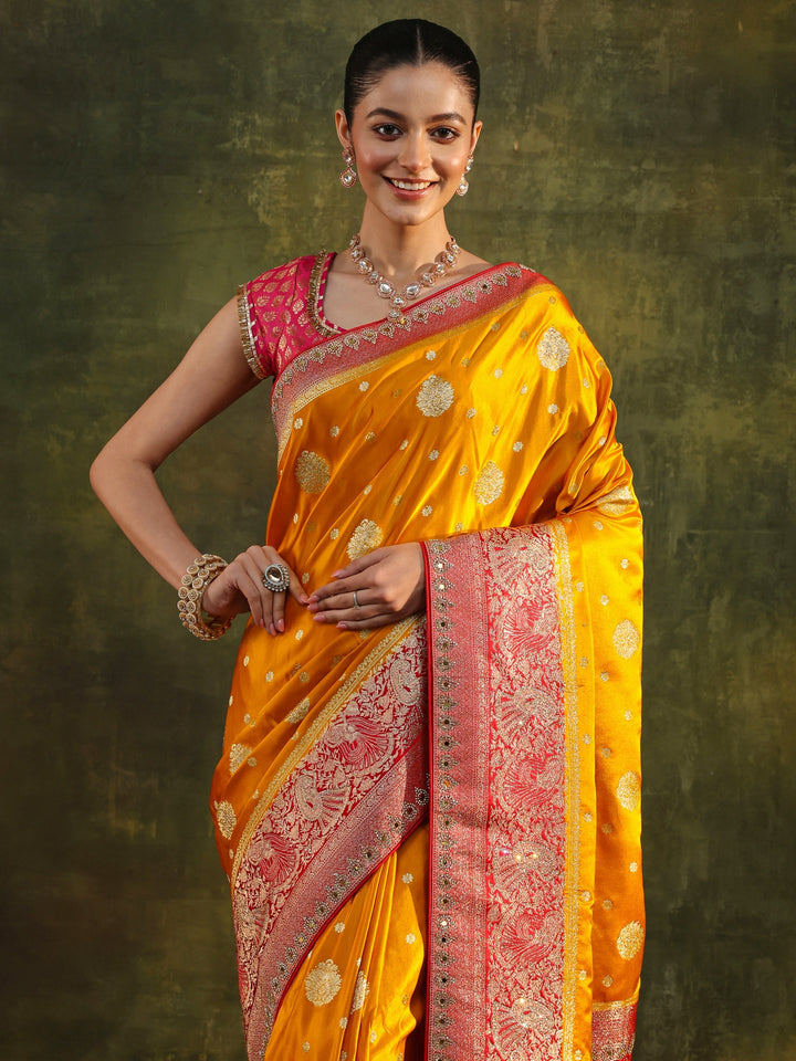 Libas Mustard Woven Design Satin Banarasi Saree With Unstitched Blouse Piece