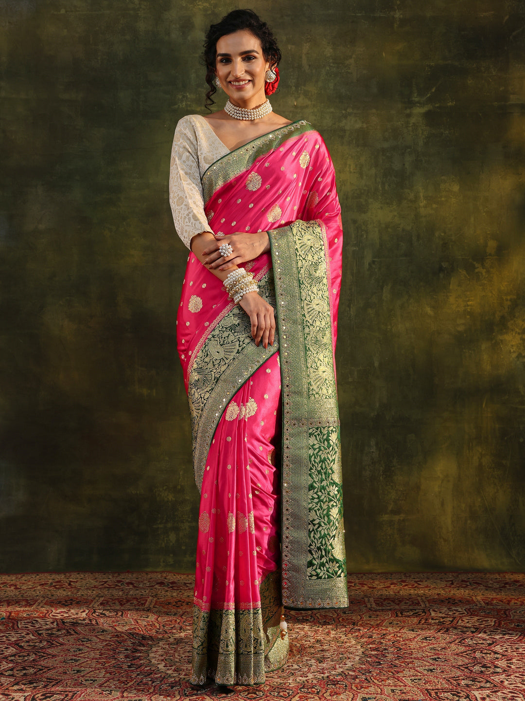 Libas Pink Woven Design Satin Banarasi Saree With Unstitched Blouse Piece