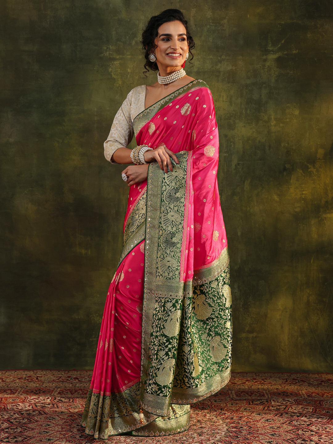 Libas Pink Woven Design Satin Banarasi Saree With Unstitched Blouse Piece