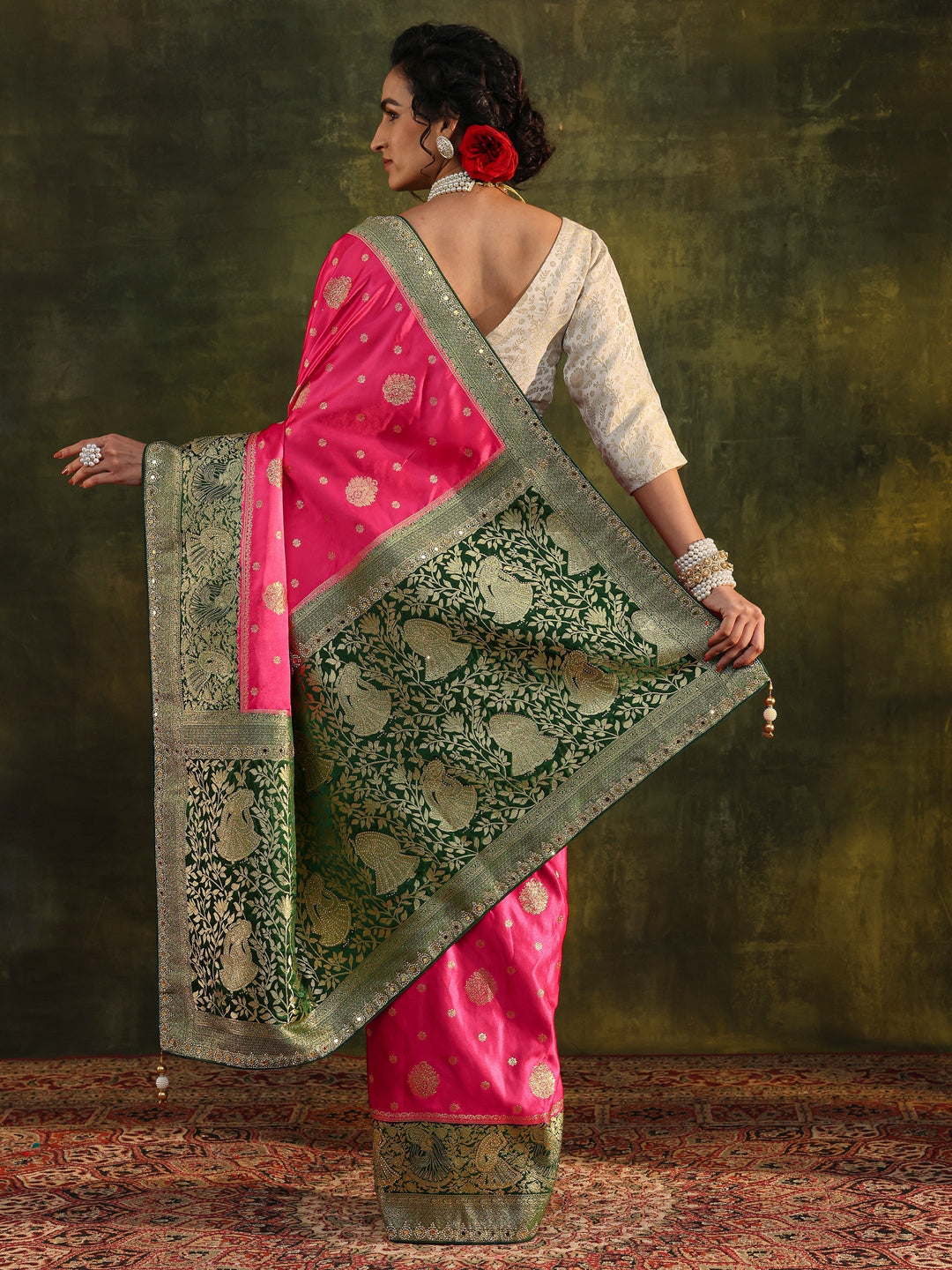 Libas Pink Woven Design Satin Banarasi Saree With Unstitched Blouse Piece