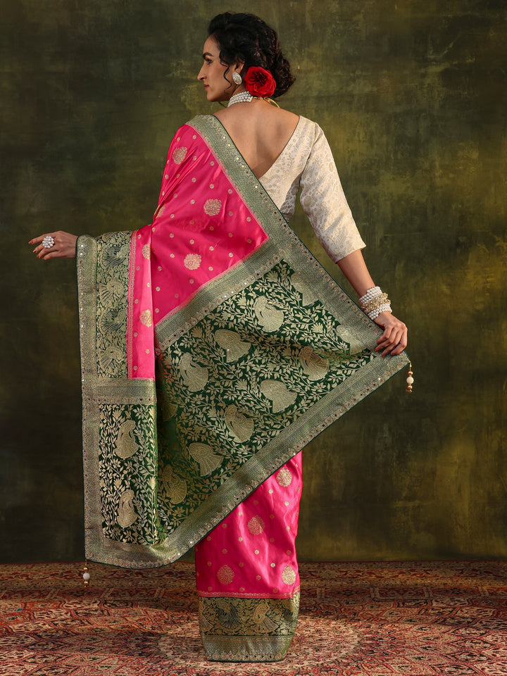Libas Pink Woven Design Satin Banarasi Saree With Unstitched Blouse Piece