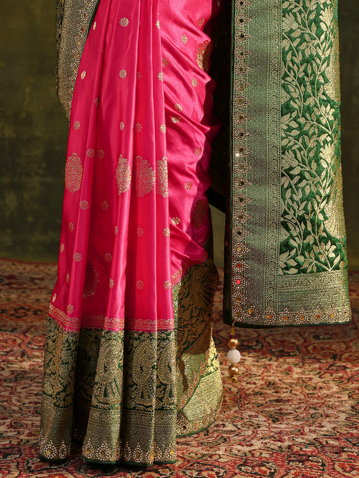 Libas Pink Woven Design Satin Banarasi Saree With Unstitched Blouse Piece