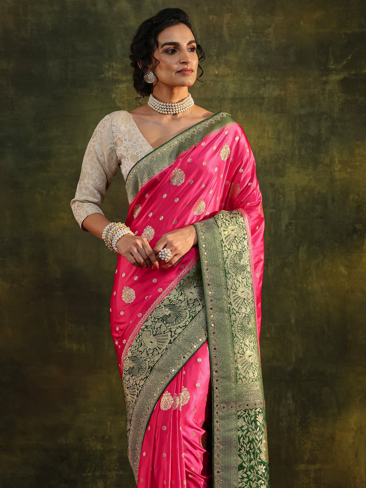 Libas Pink Woven Design Satin Banarasi Saree With Unstitched Blouse Piece