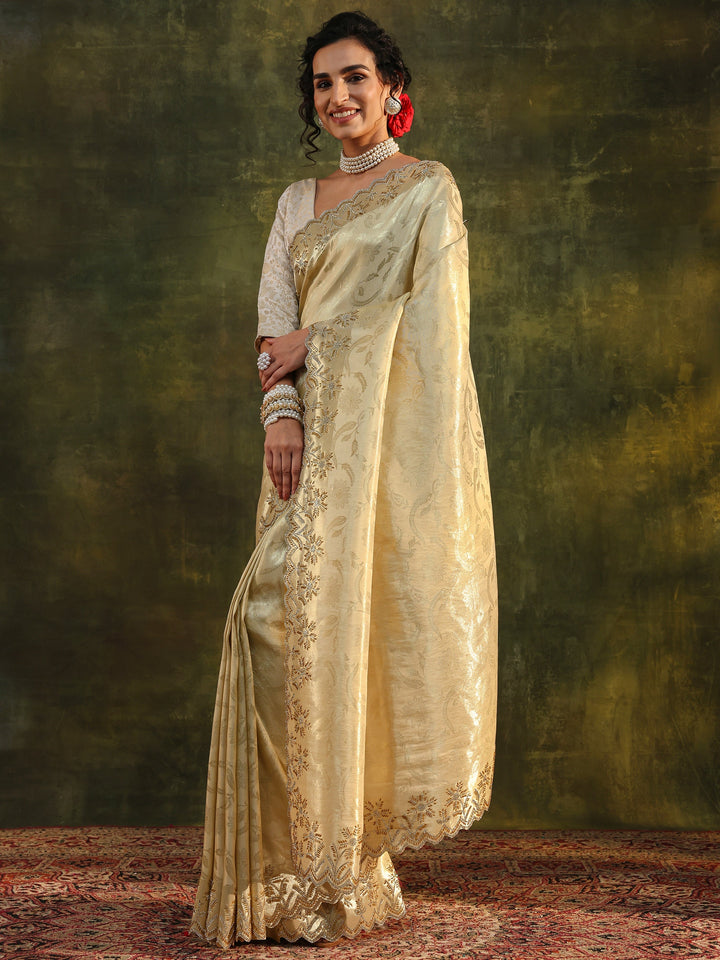Gold Floral Embellished Silk Saree With Unstitched Blouse Piece