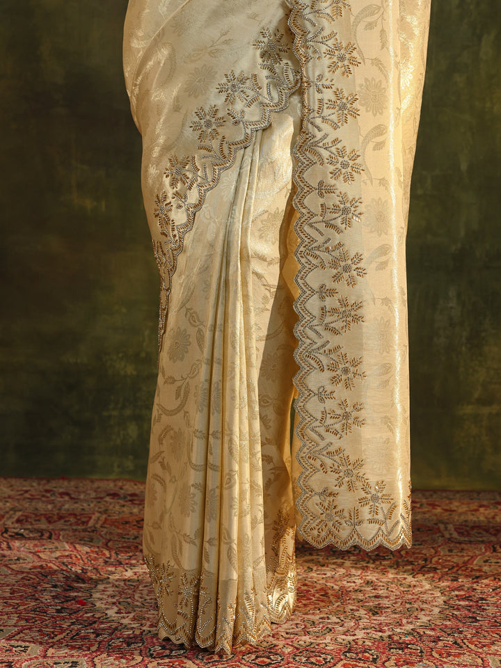 Gold Floral Embellished Silk Saree With Unstitched Blouse Piece