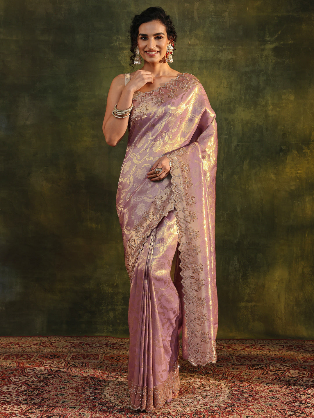 Purple Floral Embellished Silk Saree With Unstitched Blouse Piece