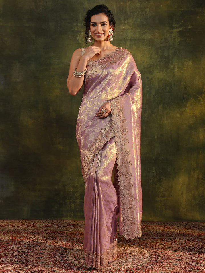 Purple Floral Embellished Silk Saree With Unstitched Blouse Piece