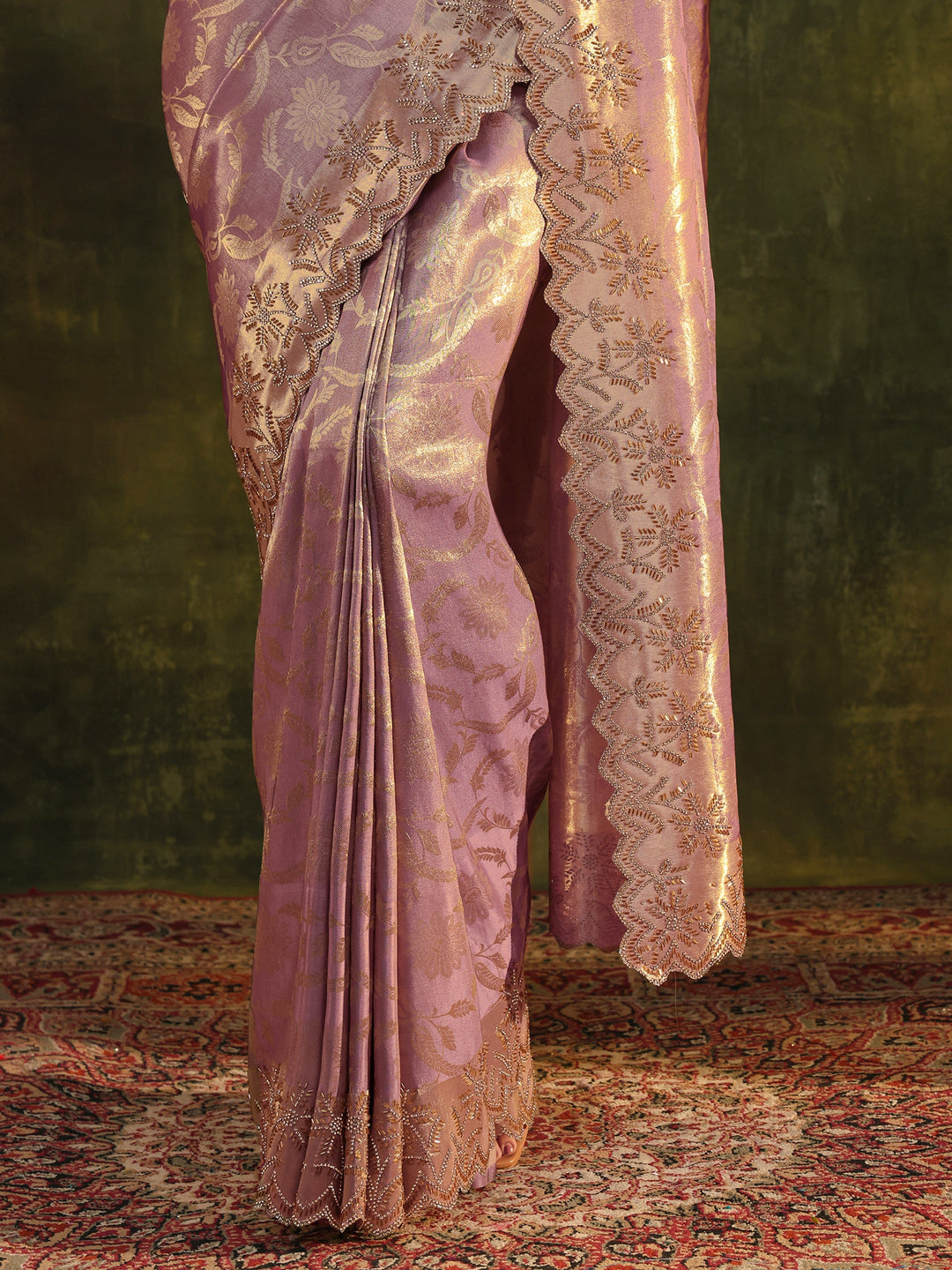 Purple Floral Embellished Silk Saree With Unstitched Blouse Piece