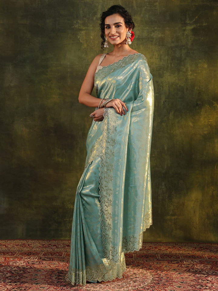 Blue Floral Embellished Silk Saree With Unstitched Blouse Piece
