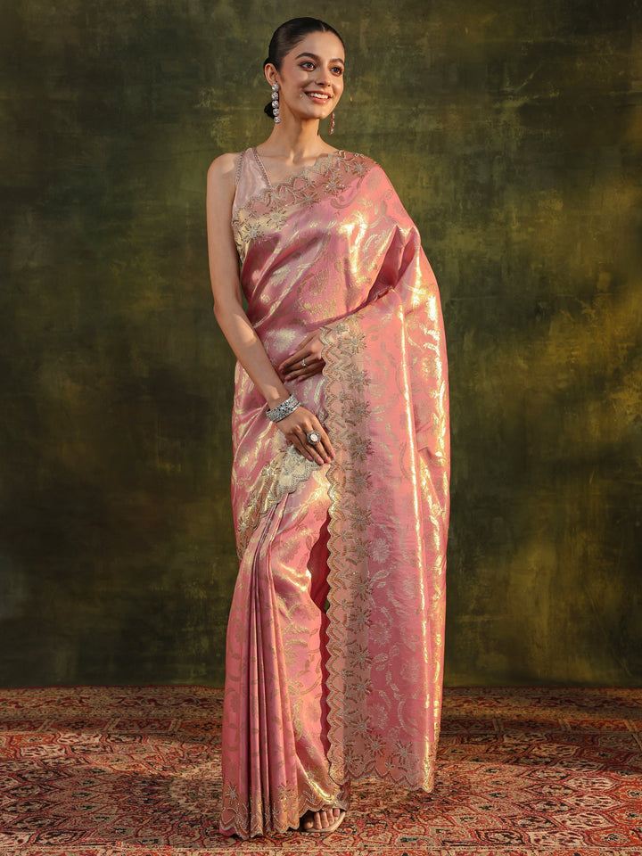 Libas Peach Woven Design Silk Banarasi Saree With Unstitched Blouse Piece