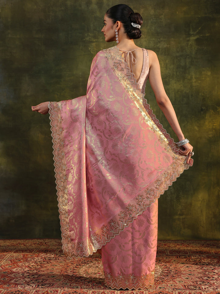 Libas Peach Woven Design Silk Banarasi Saree With Unstitched Blouse Piece
