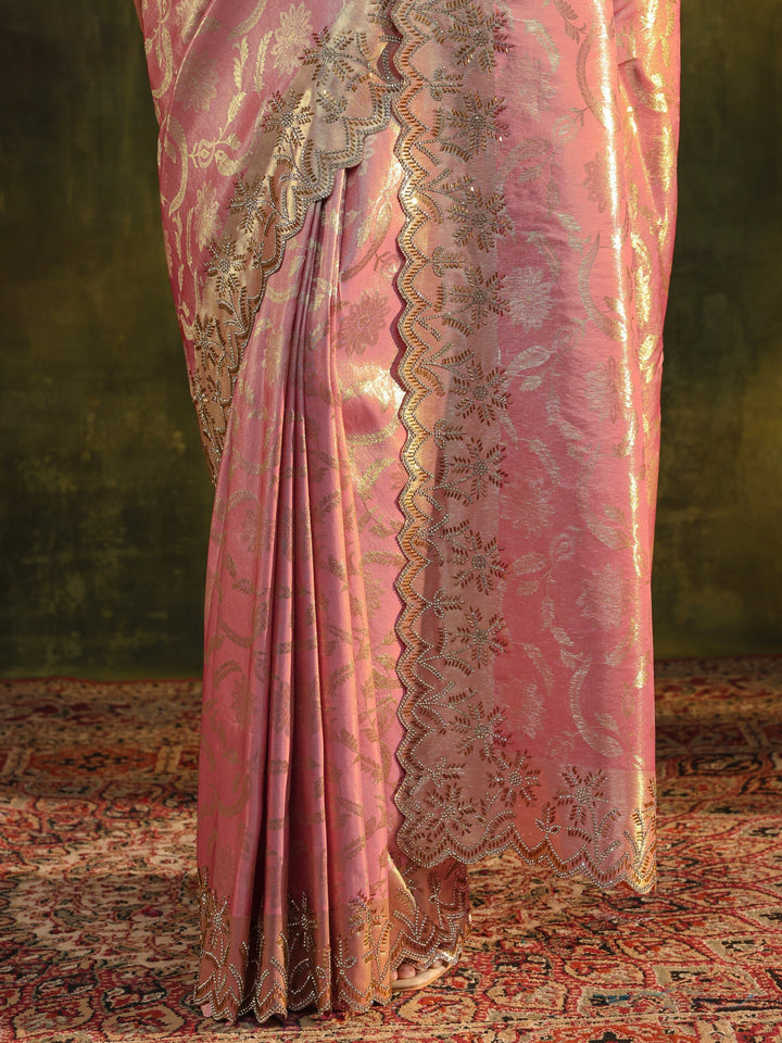 Libas Peach Woven Design Silk Banarasi Saree With Unstitched Blouse Piece