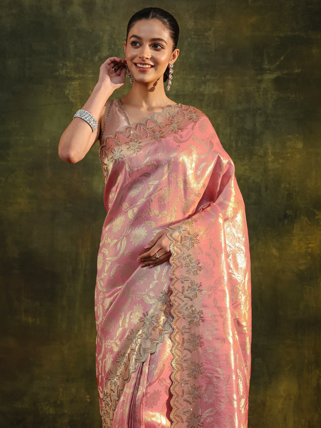 Peach Woven Design Silk Banarasi Saree With Unstitched Blouse Piece