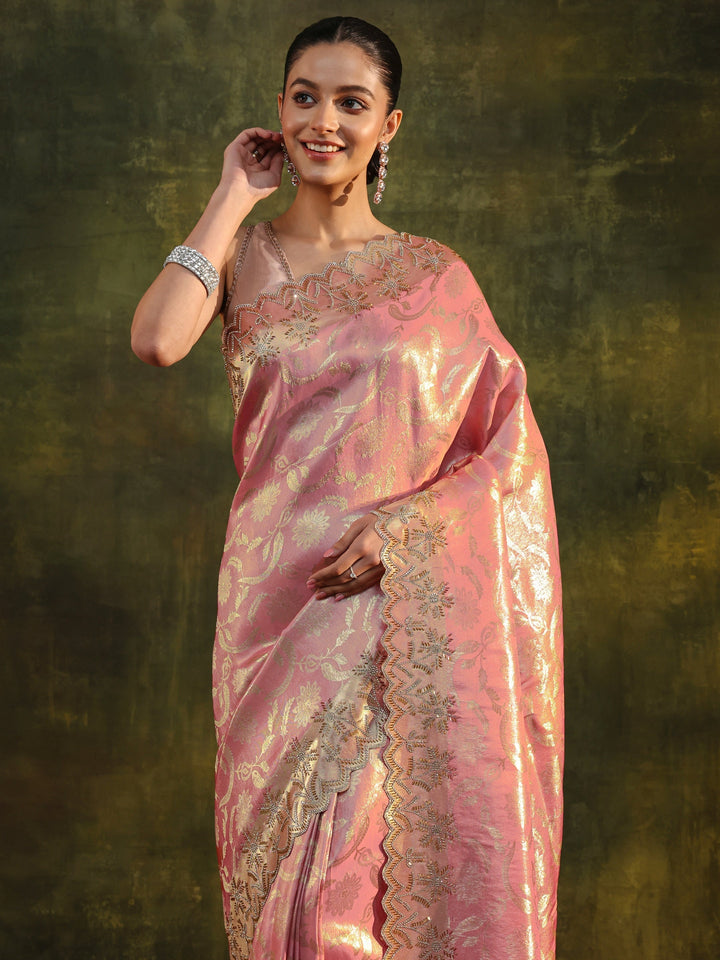 Libas Peach Woven Design Silk Banarasi Saree With Unstitched Blouse Piece