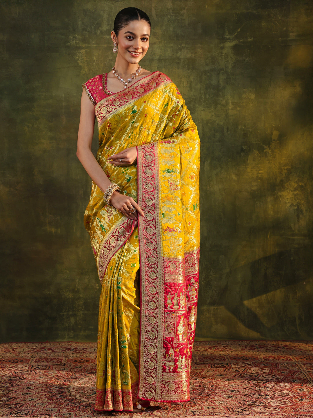 Libas Art Mustard Gharchola Woven Design Satin Saree With Unstitched Blouse Piece