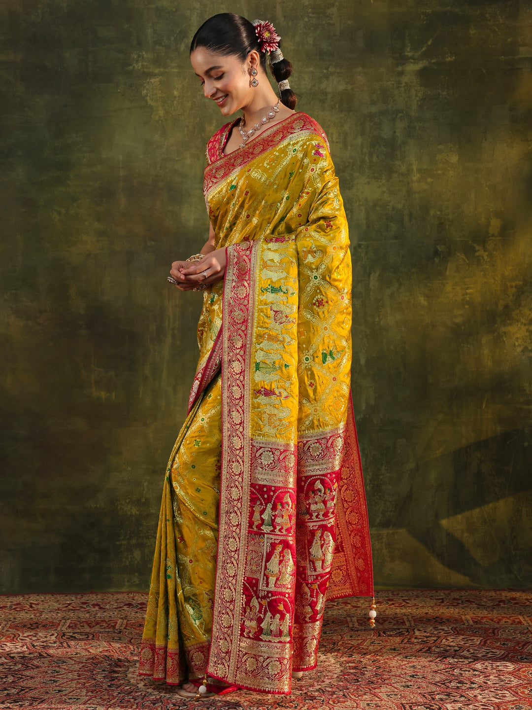 Libas Art Mustard Gharchola Woven Design Satin Saree With Unstitched Blouse Piece