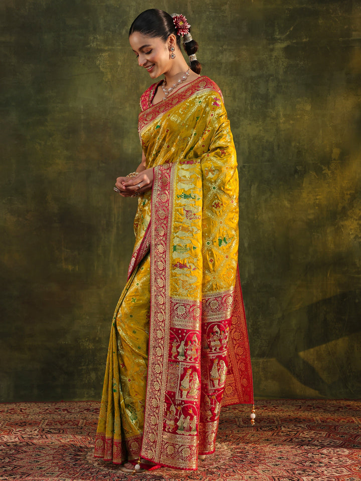 Libas Art Mustard Gharchola Woven Design Satin Saree With Unstitched Blouse Piece