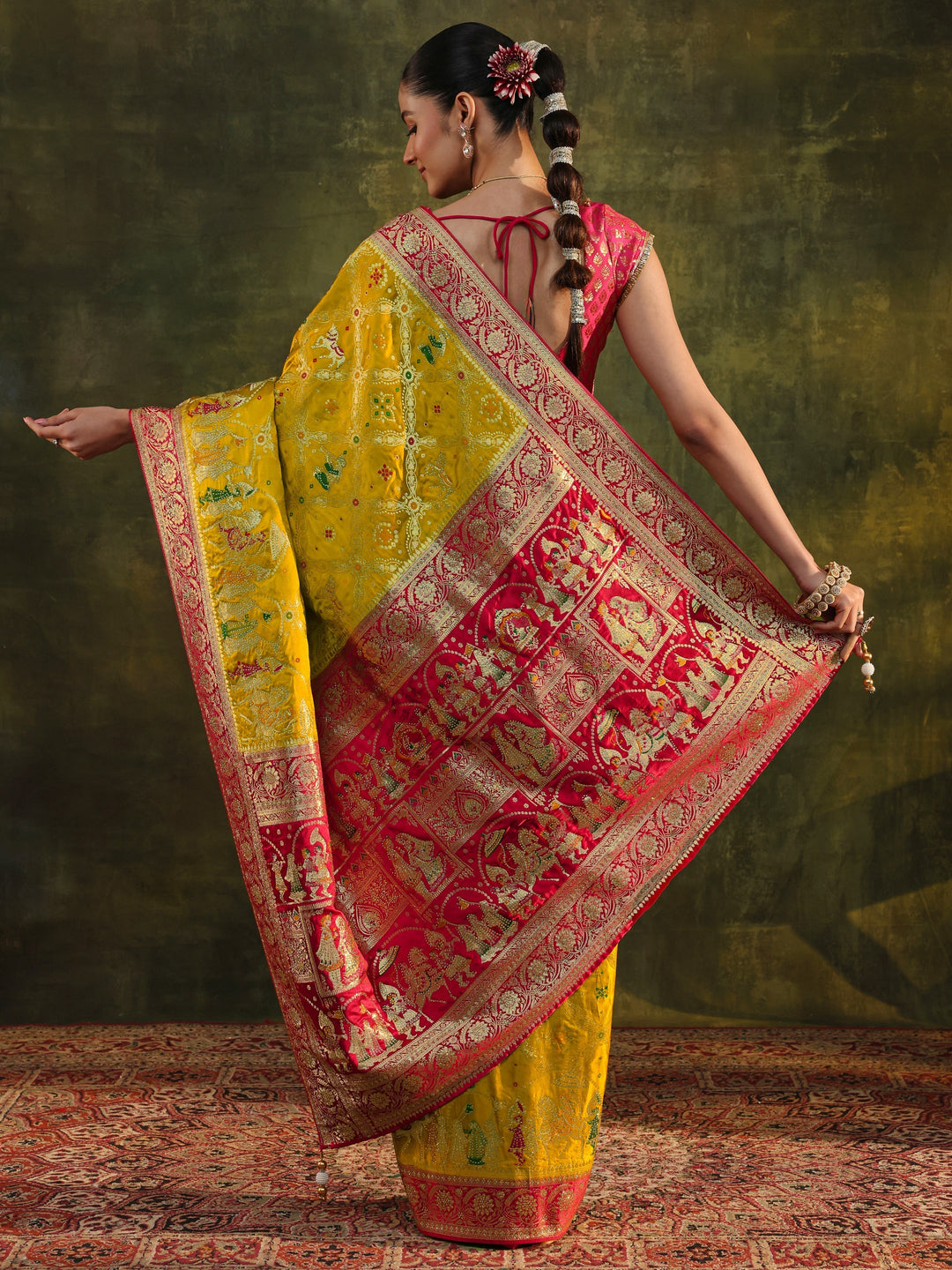 Libas Art Mustard Gharchola Woven Design Satin Saree With Unstitched Blouse Piece