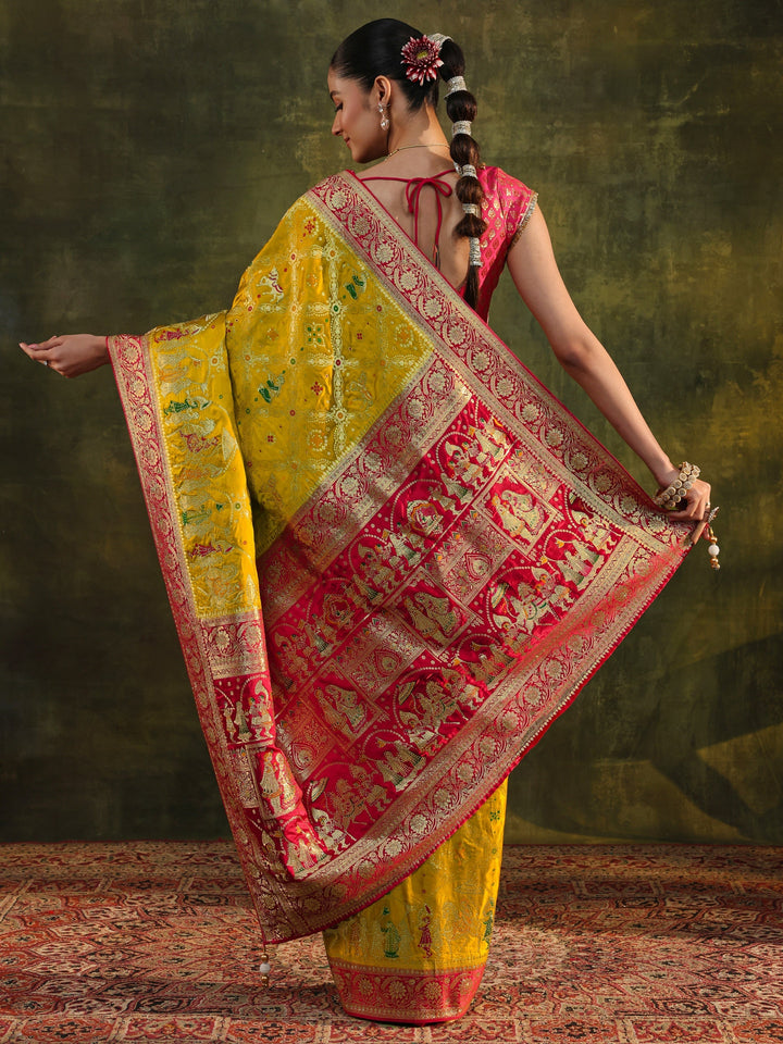 Libas Art Mustard Gharchola Woven Design Satin Saree With Unstitched Blouse Piece
