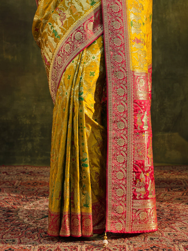 Libas Art Mustard Gharchola Woven Design Satin Saree With Unstitched Blouse Piece