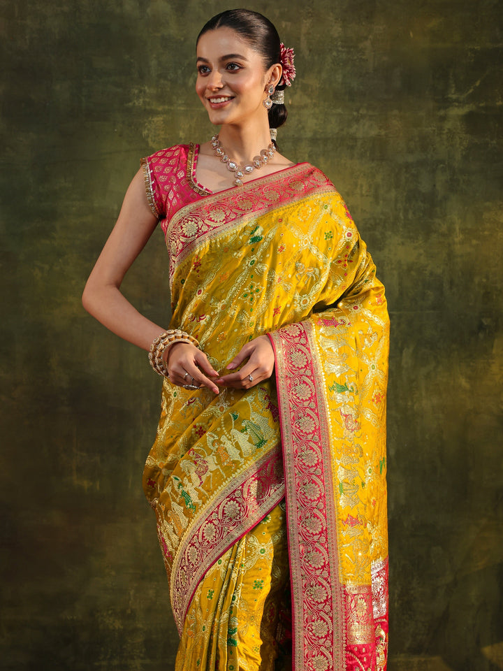 Libas Art Mustard Gharchola Woven Design Satin Saree With Unstitched Blouse Piece