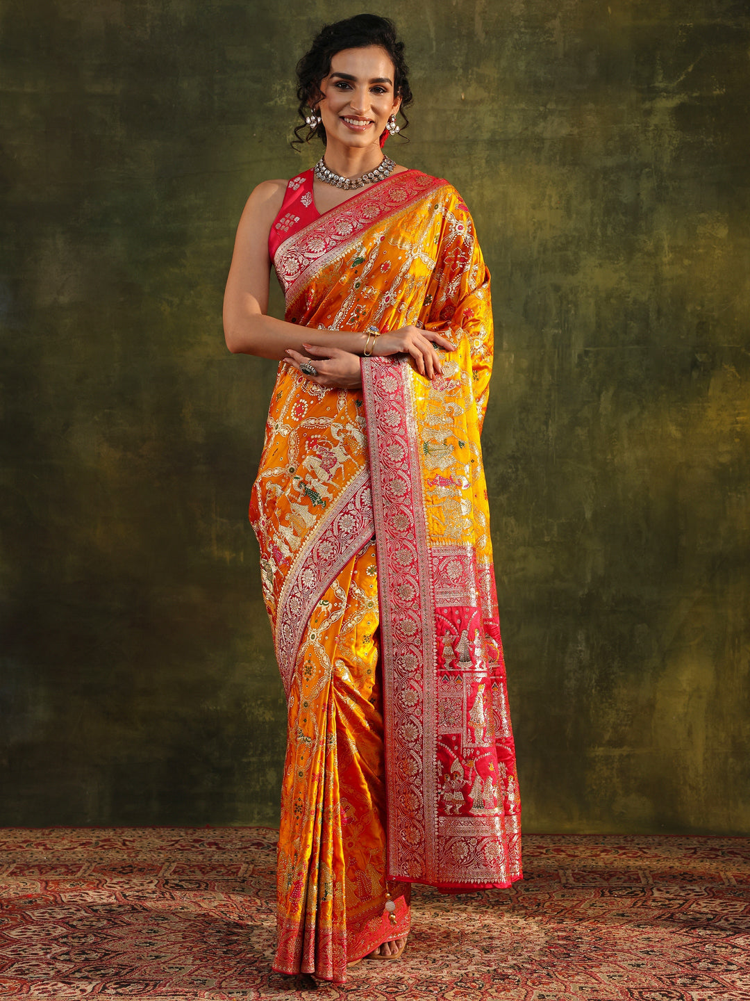 Libas Art Mustard Gharchola Woven Design Satin Saree With Unstitched Blouse Piece