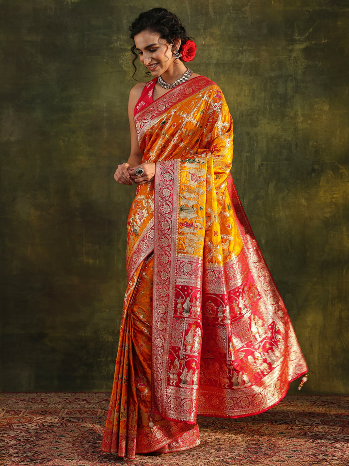 Libas Art Mustard Gharchola Woven Design Satin Saree With Unstitched Blouse Piece