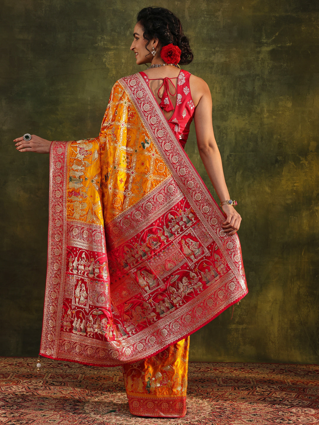 Libas Art Mustard Gharchola Woven Design Satin Saree With Unstitched Blouse Piece