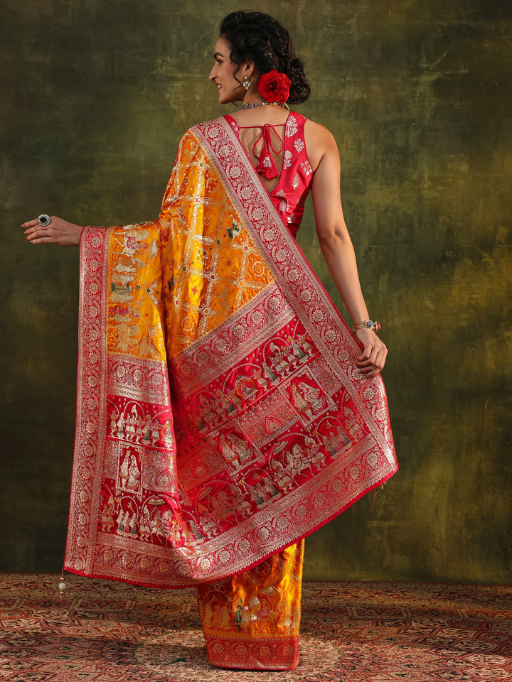 Libas Art Mustard Gharchola Woven Design Satin Saree With Unstitched Blouse Piece
