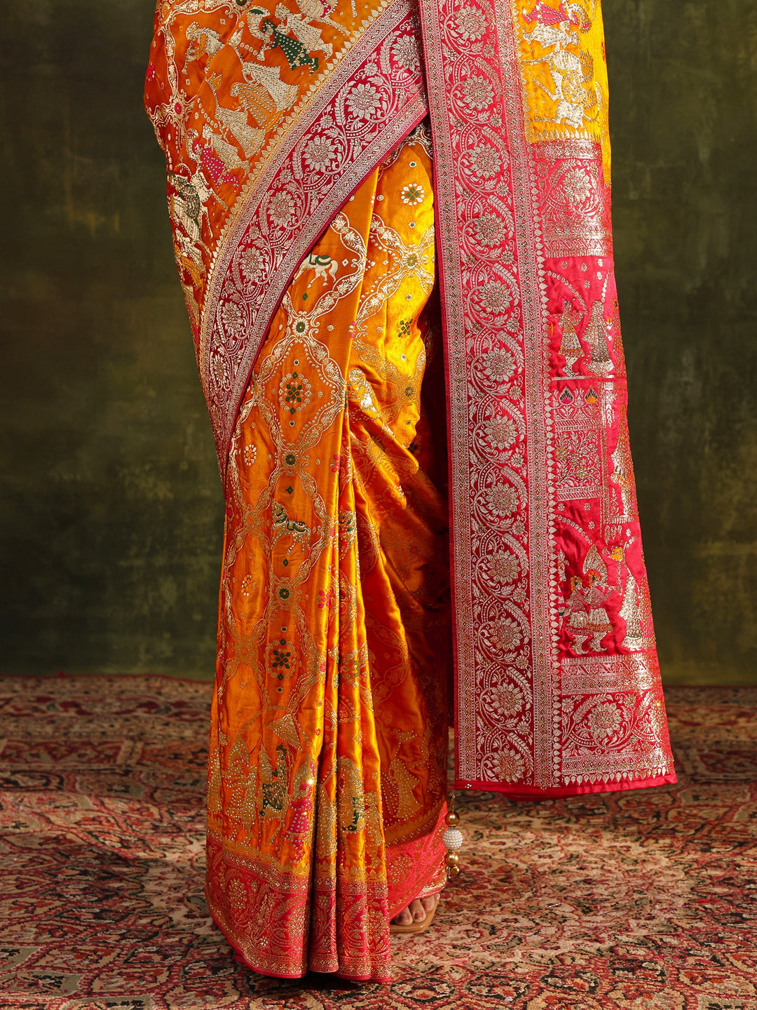 Libas Art Mustard Gharchola Woven Design Satin Saree With Unstitched Blouse Piece